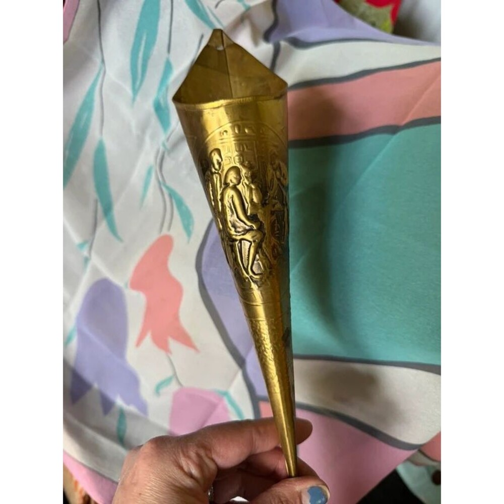 Vintage Brass Wall Pocket Cone Vase - 11" tall